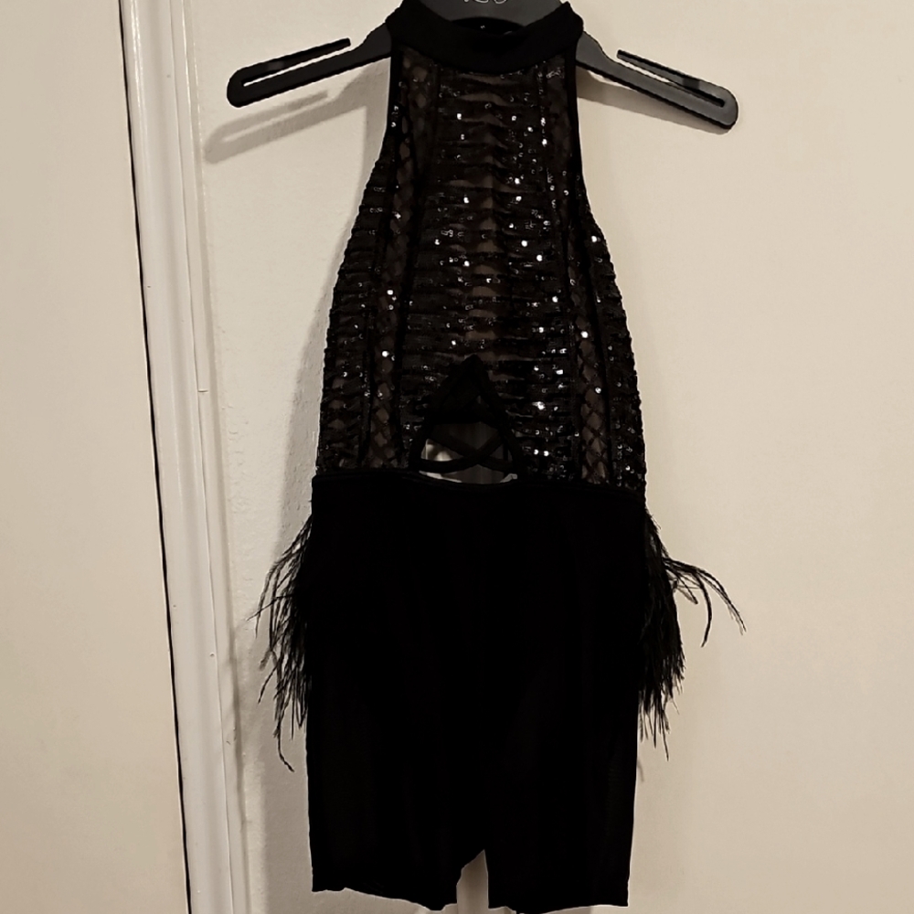 Black Sequin Halter Dress with Feather Details